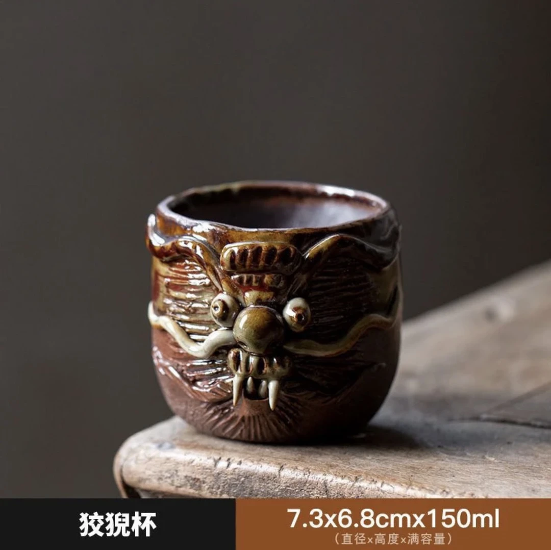 纯手工手捏柴烧大龙杯大号高端复古家用中式陶瓷主人杯茶具喝茶杯