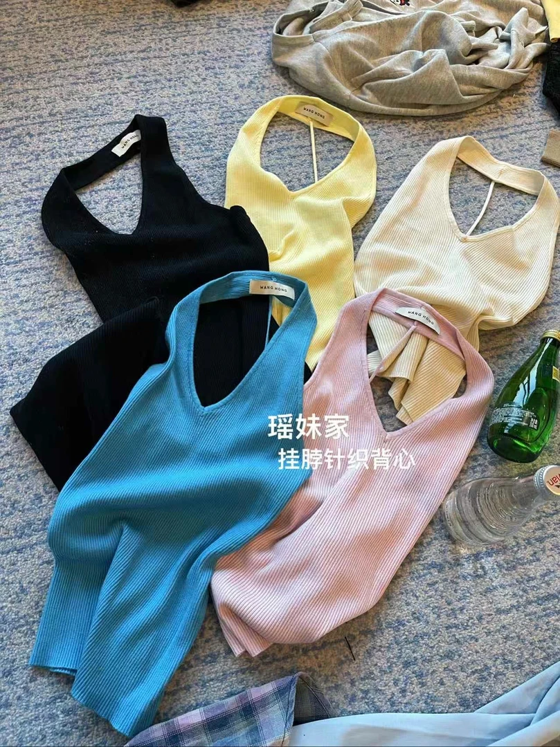 挂脖针织背心女V领露背设计无袖显瘦纯色百搭上衣