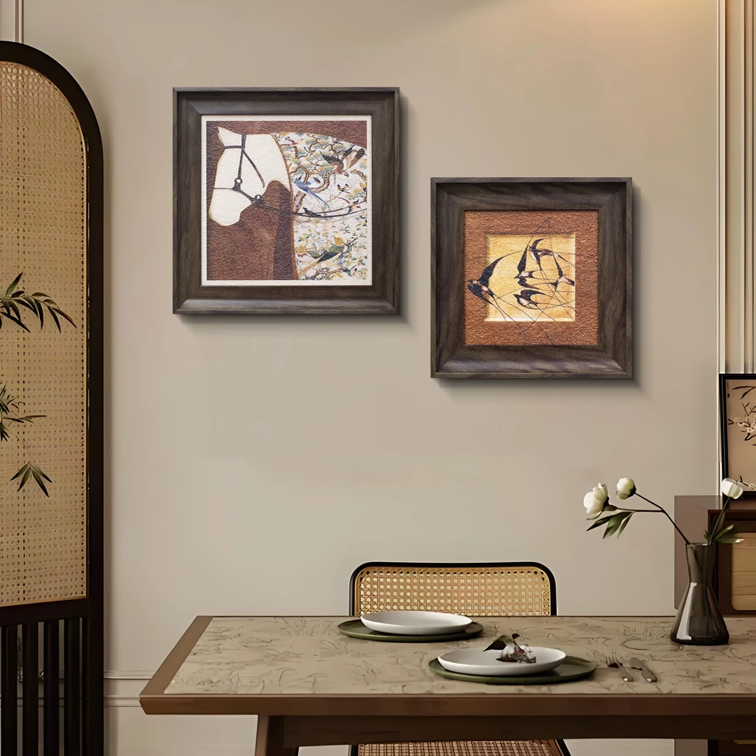 复古风骏马客厅装饰画法式复古餐桌边墙面挂画高级感壁画马2838