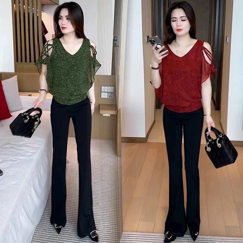 花色修身型短袖蝙蝠袖雪纺衫气质百搭开叉休闲夏季高腰上衣2025