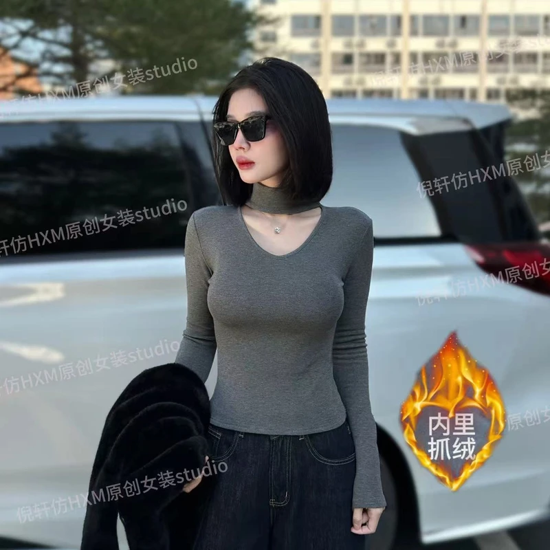 [内里抓绒]灰色半高领打底衫冬季新款挂脖内搭镂空修身长袖T恤女