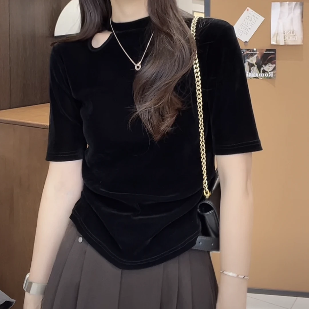 气质设计感镂空丝绒短袖T恤早秋季2025新款女士显瘦黑色打底上衣