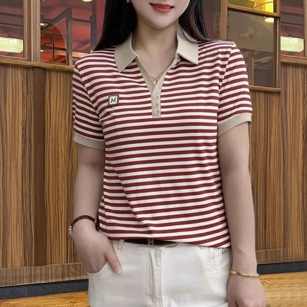 852红色绣花条纹短袖T恤女夏季新款洋气妈妈时尚遮肚POLO领小衫