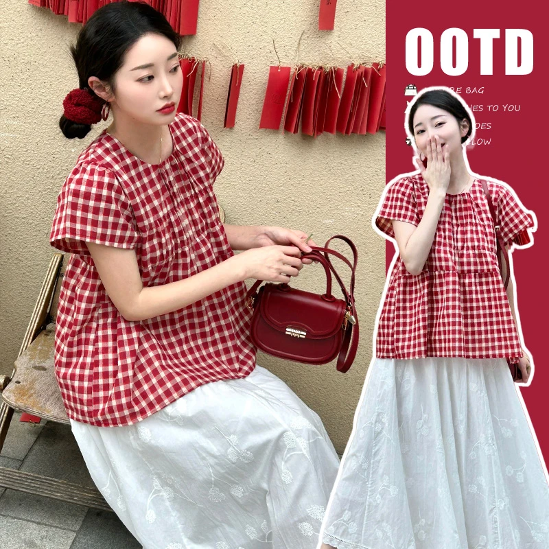 孕妇装2025新款夏季时尚套装洋气夏天短袖复古红色格子上衣半身裙
