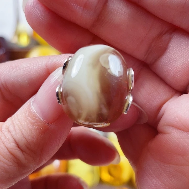 琥珀银S925镶嵌裸石戒指