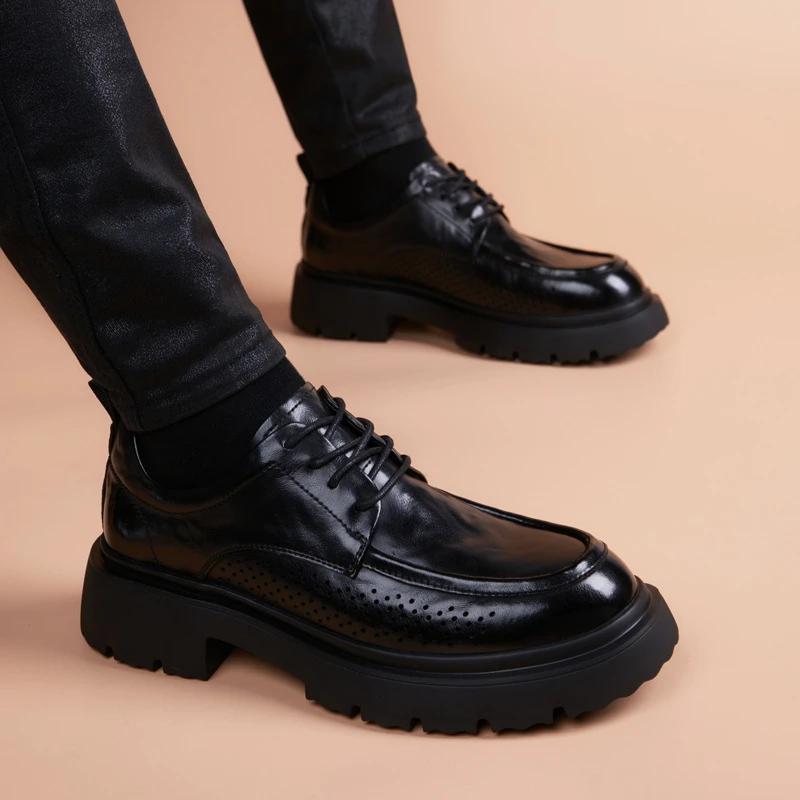 EAEOVNI夏季新款侧边打孔透气男士皮鞋青年英伦风商务休闲轻底