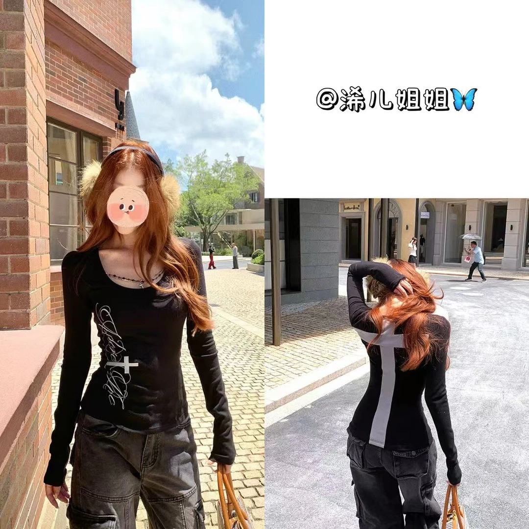 （浠儿姐姐）美式辣妹设计感十字架T恤女修身显瘦内搭打底衫上衣