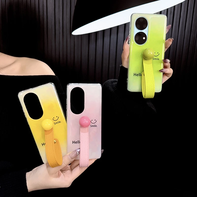 适用华为p50pro手机壳新款p50套p50e韩系ins渐变huawei笑脸手提女