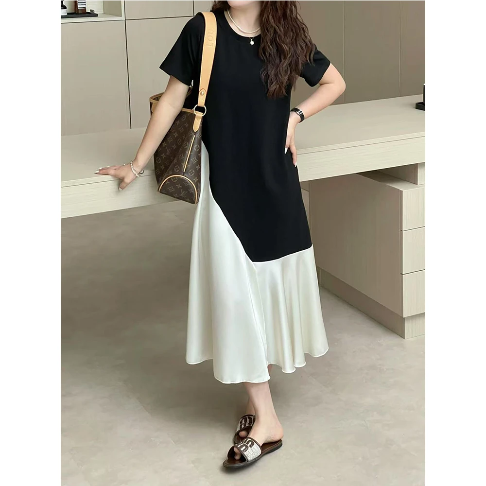 WenWen小个子韩系拼接撞色短袖T恤连衣裙夏2025新款百褶裙3876