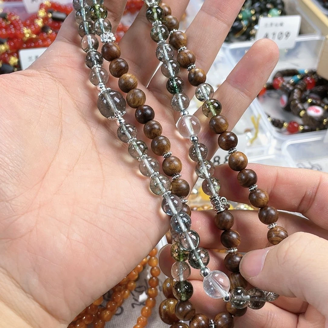 檀香木手串银S925镀金镶嵌
