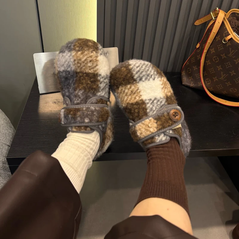 魔术贴加绒毛毛鞋女2025新款秋冬勃肯鞋懒人外穿豆豆鞋内增高棉鞋