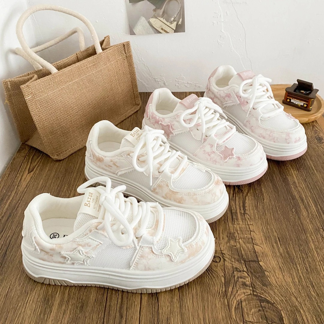 希玥乳胶鞋垫/星星厚底面包鞋女透气网面夏季2025新款小白鞋板鞋