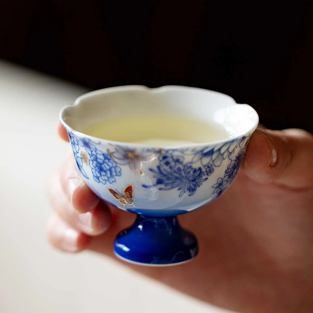景德镇青花蝶恋花描金高足茶杯原创手工主人杯茶具品茗杯单杯