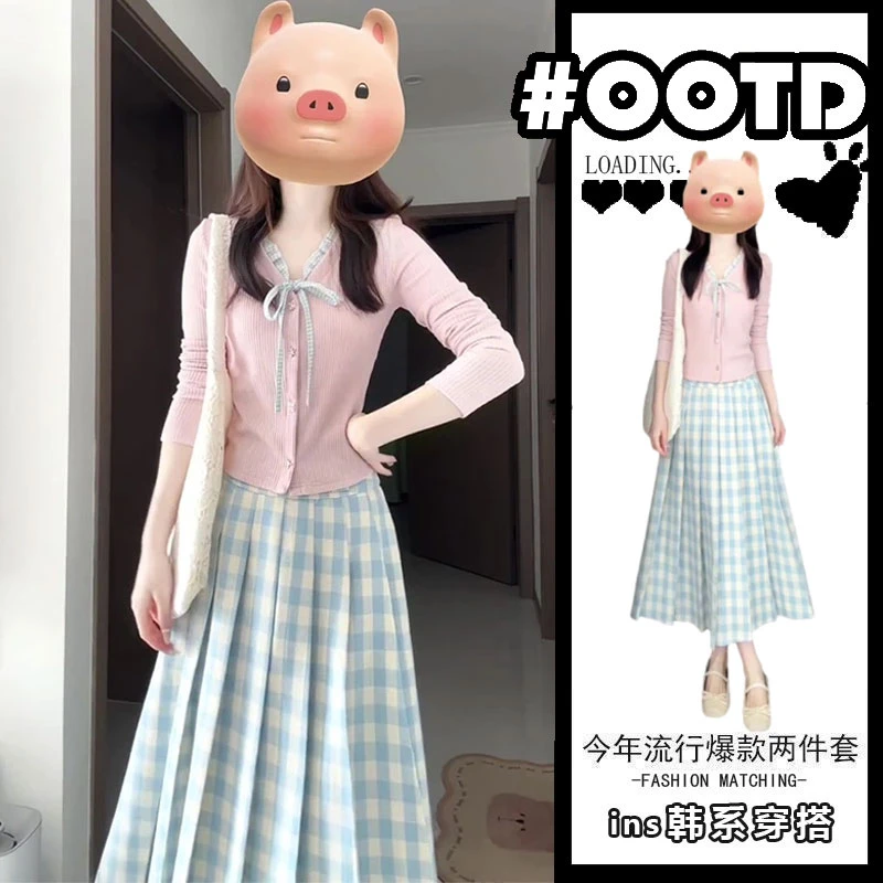 2025春季新款温柔风设计感修身长袖针织上衣高腰格纹百褶半身裙