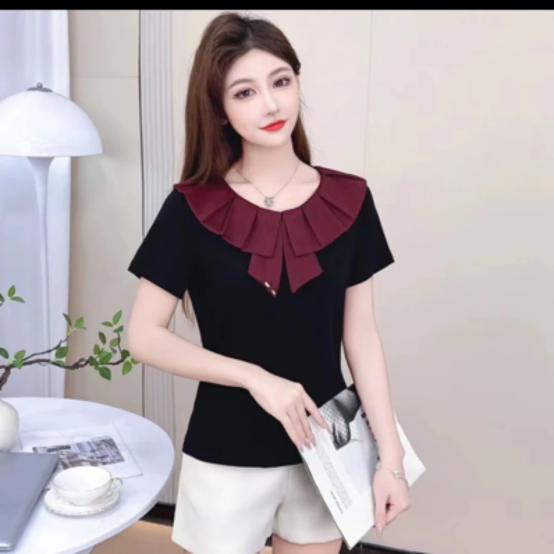 829#【衣长53】荷叶边拼接荷叶领短袖纯色T恤夏季国风新中式上衣