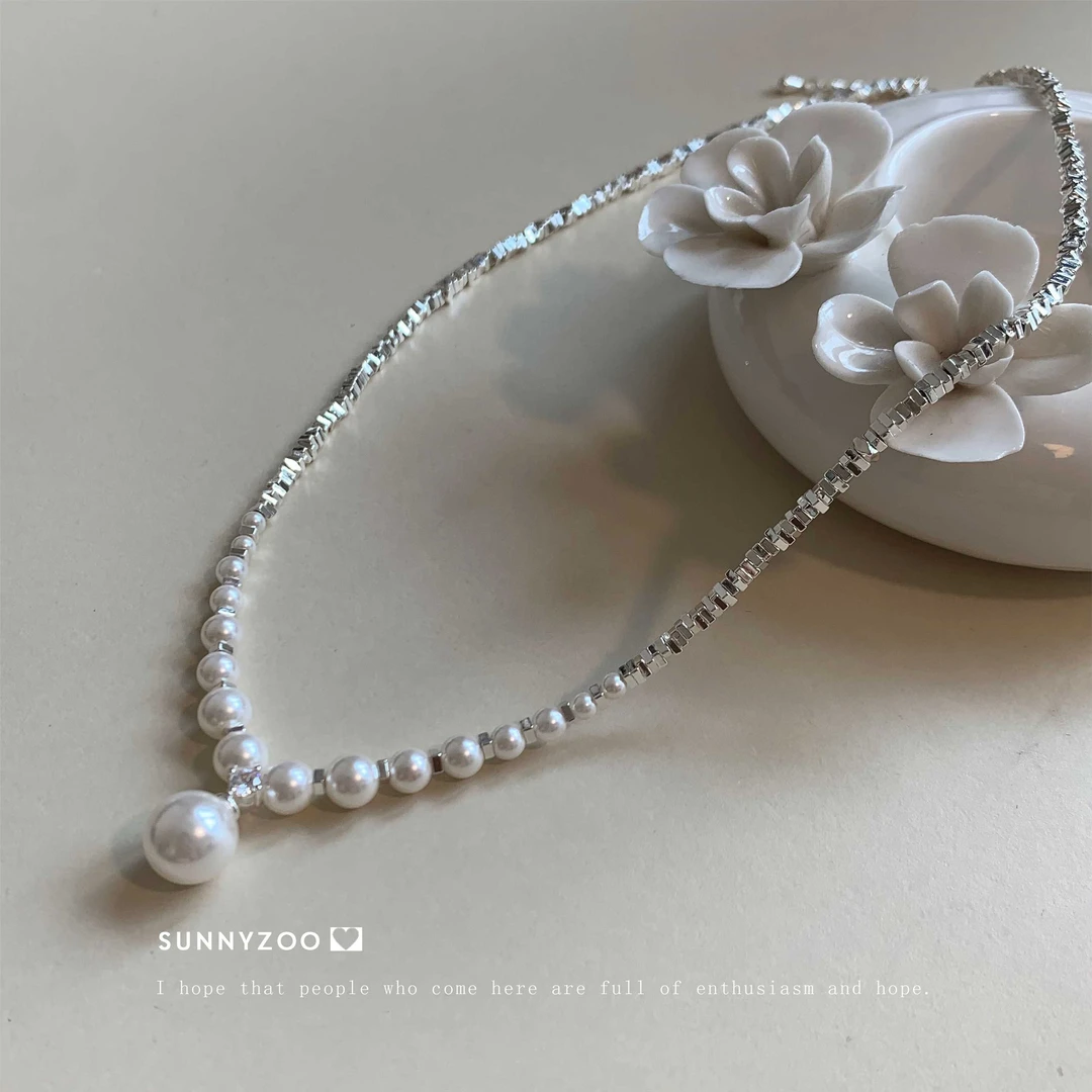 铜合金仿珍珠项链 月光恋人 小众轻奢渐变碎银子项链高级感锁骨链