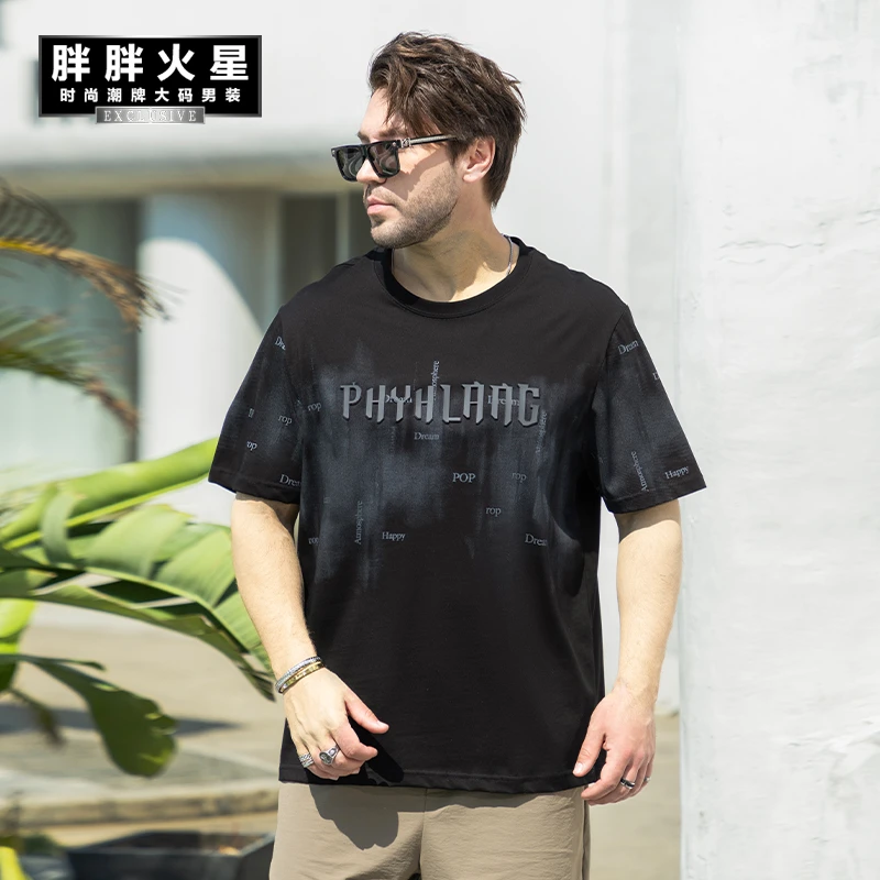 胖胖火星大码男装渐变水洗短袖t恤男胖子夏季圆领透气3D字母半袖