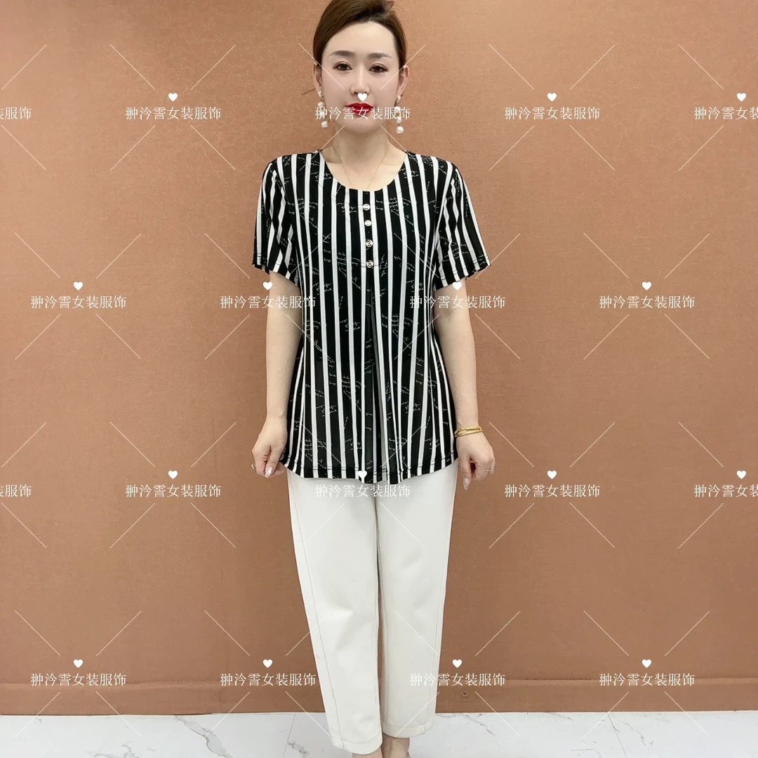 2025新款夏季爆款减龄气质洋气宽松圆领中老年印花薄款遮肉短袖女