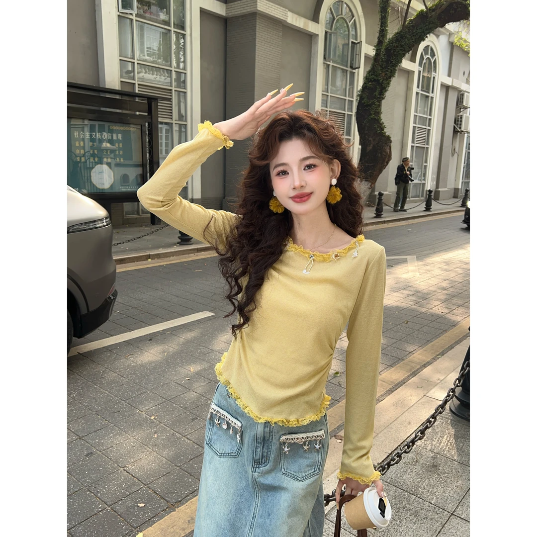 er【浪漫波尔多】欧若风穿搭黄色长袖上衣针织衫收腰女MJ1688001