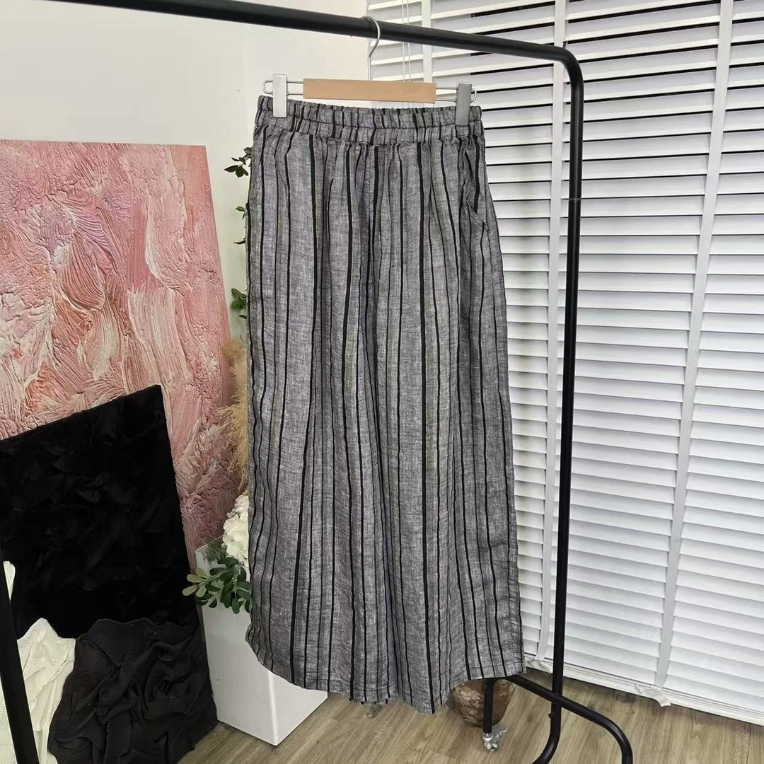 山本风上身大气「色织水洗麻料」松紧腰直筒长裤女E5223