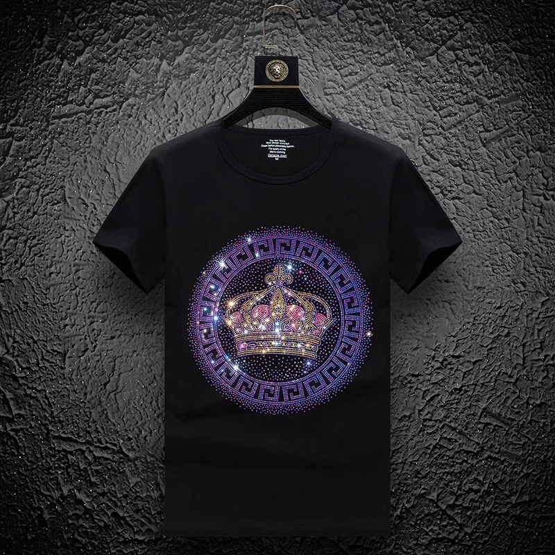 WEBUNSAPET维比萨玻烫钻男士t恤短袖冰丝半袖衣服男潮流上衣夏季