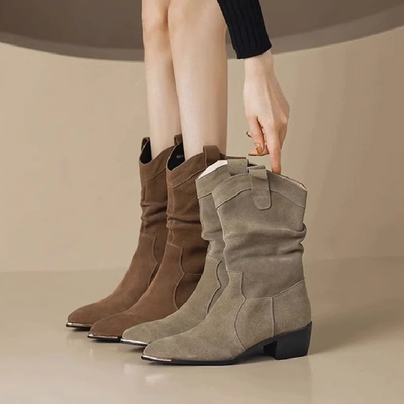 2025新款骑士靴子复古中筒堆堆靴西部牛仔靴尖头粗跟马丁靴女短靴