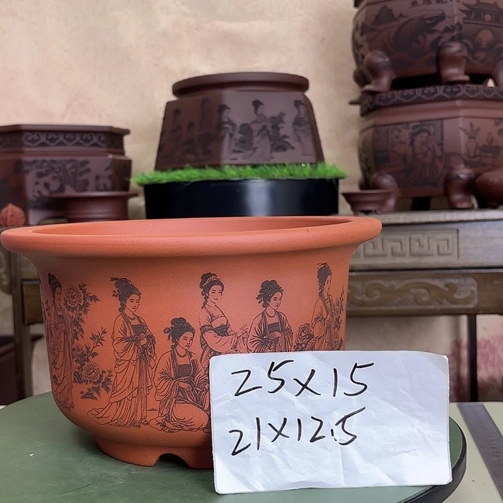 紫砂花盆刻绘十二钗