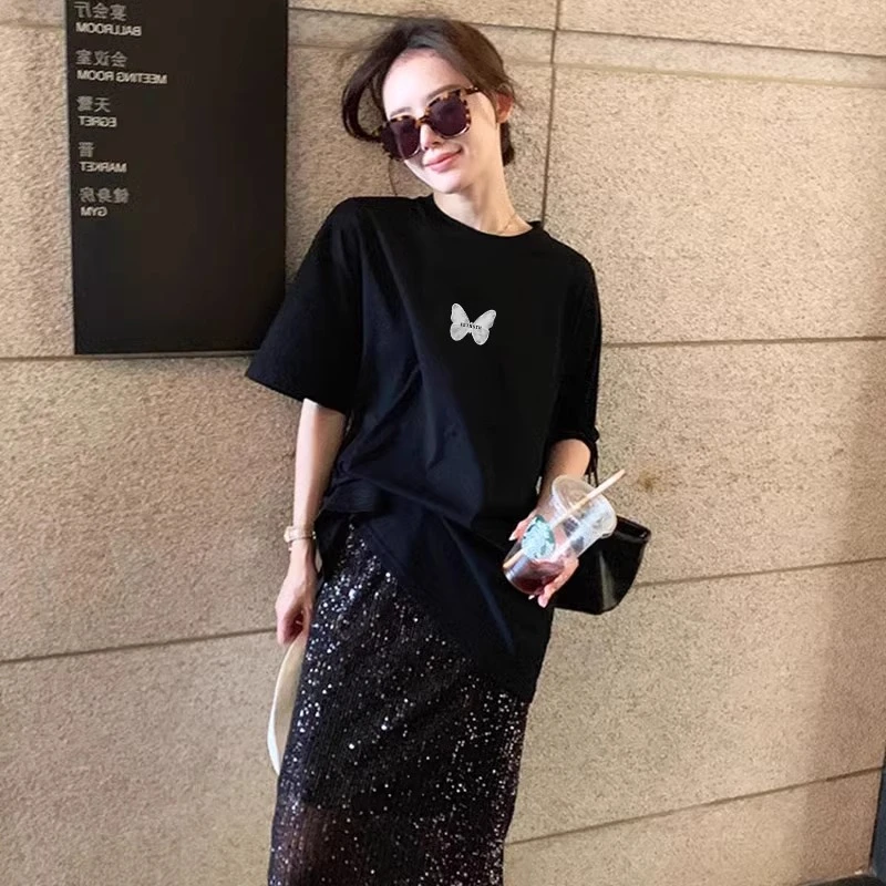 气质中长款纯棉t恤女夏装短袖2025新款下衣失踪大码蝴蝶白色体恤