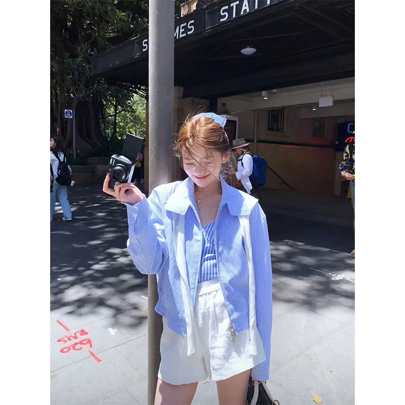 2025年夏季新款chic网红同款薄款防晒衬衫女内搭吊带配高腰短裤女