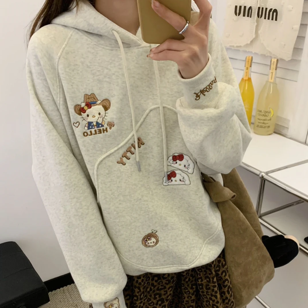 6081hellokitty重工刺绣连帽卫衣加绒加厚宽松韩版套头长袖卫衣女