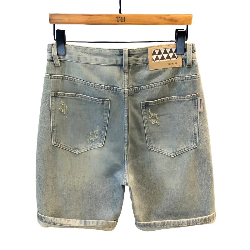 复古水洗个性潮男破洞牛仔短裤夏季宽松直筒中裤男士休闲百搭BQ