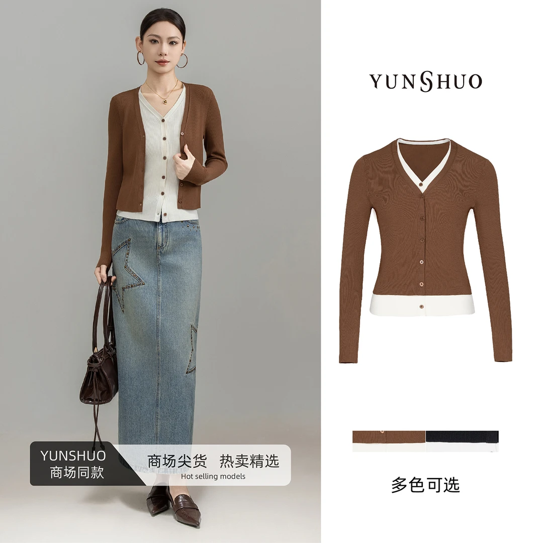 允硕新品琥珀高智风V领女装针织假两件拼色修身百搭上衣729309