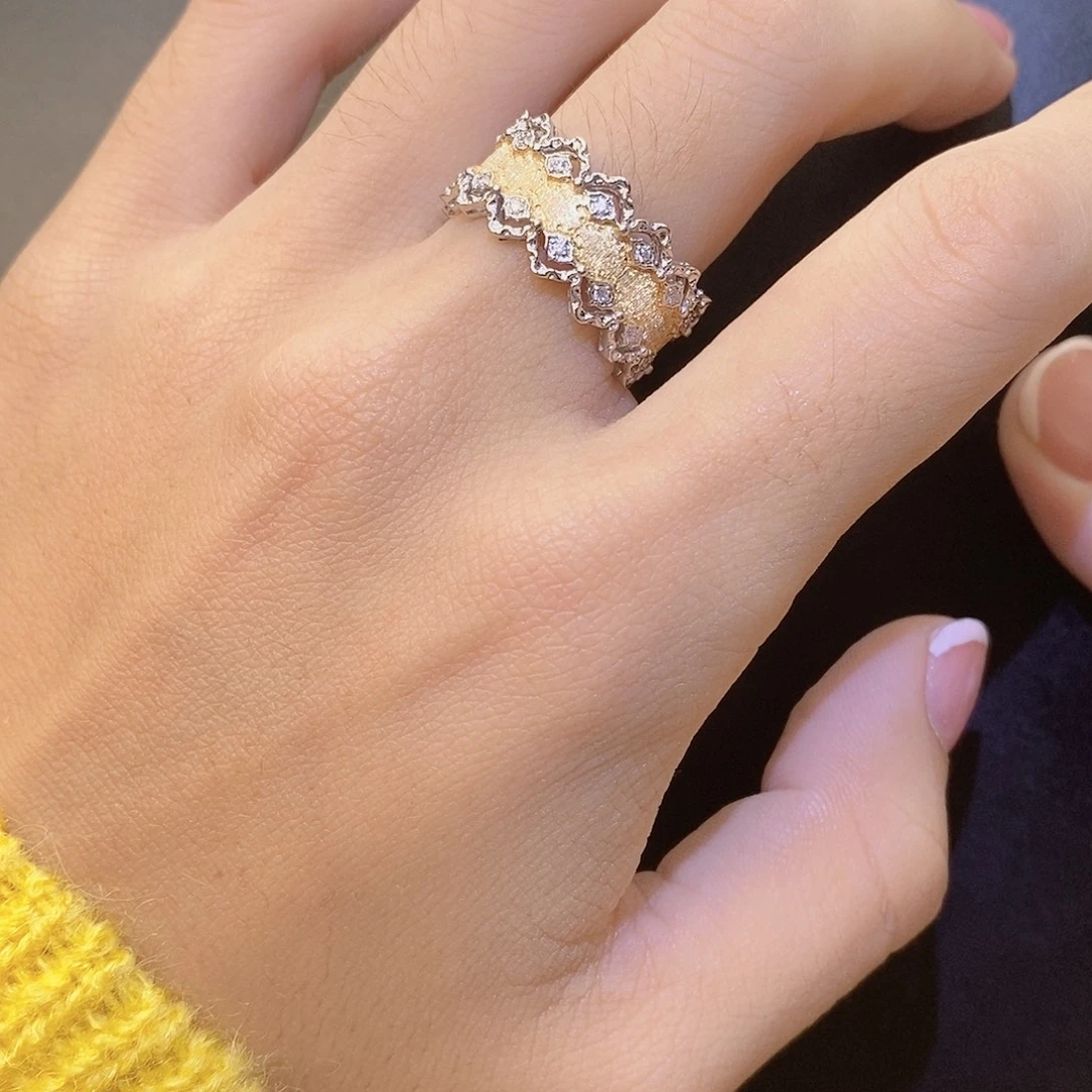 钻石戒指/指环18K金镶嵌拉丝蕾丝双色