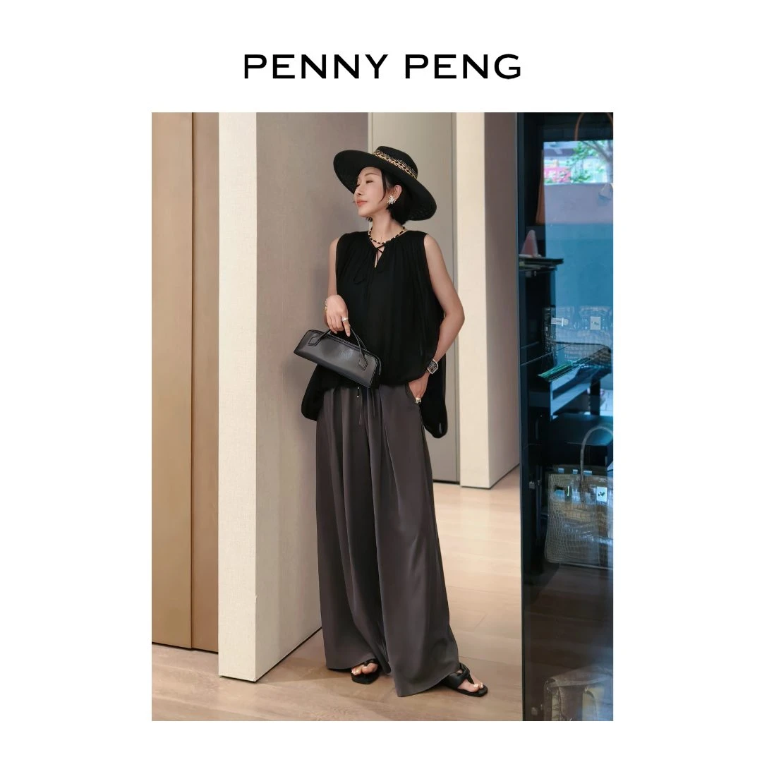 PENNYPENG通勤日记稀铁灰100桑蚕丝高腰抽绳真丝休闲百搭阔腿裤
