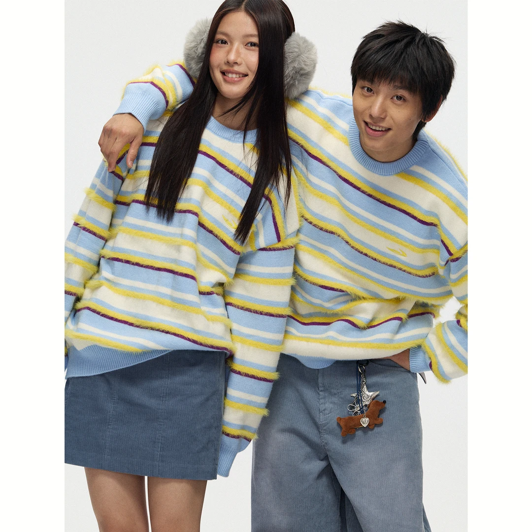 江南先生NewJNXS柔软纱线圆领撞色条纹毛衣精致刺绣logo宽松上衣