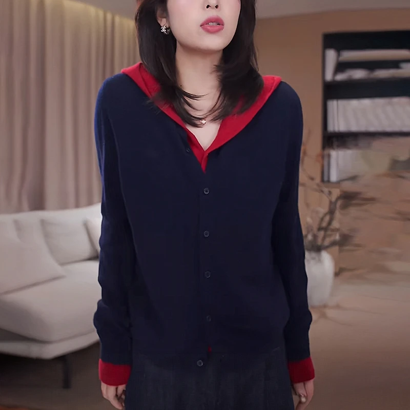 秋季女撞色连帽毛衣慵懒高级感显瘦减龄洋气假两件针织开衫上衣