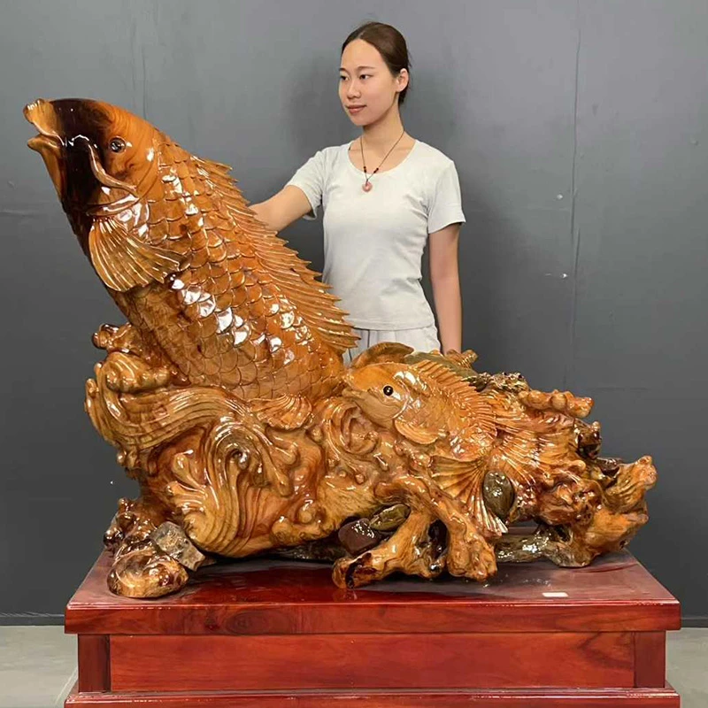 香樟木根雕锦鲤摆件实木树桩客厅底座树根原木摆件架根艺