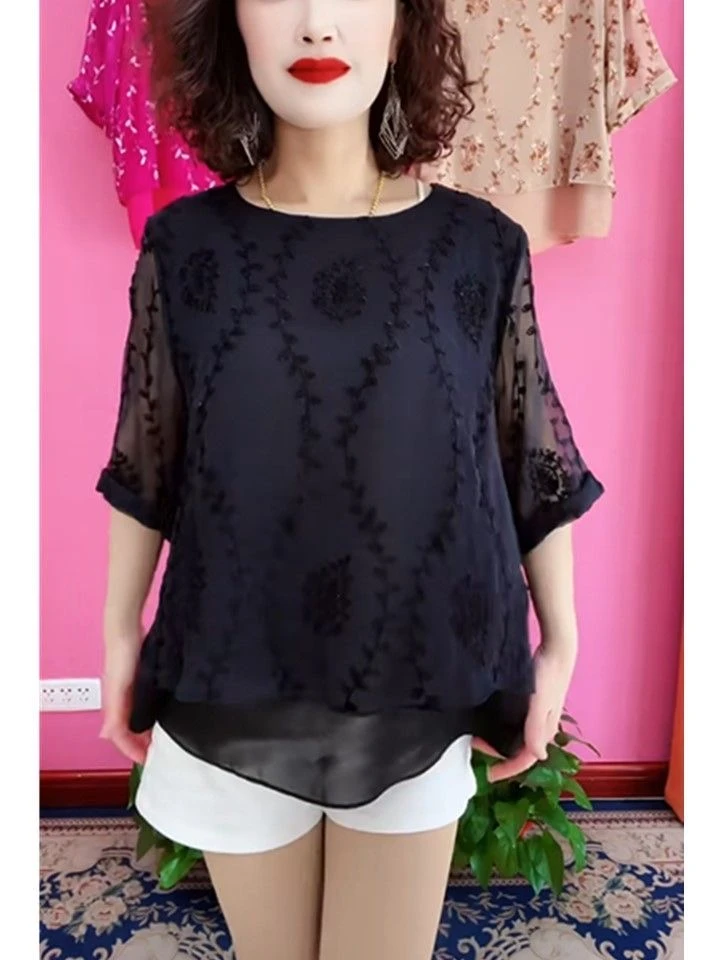 气质小衫刺绣镂空圆领t恤衬衫碎花七分袖洋气条纹薄款成人