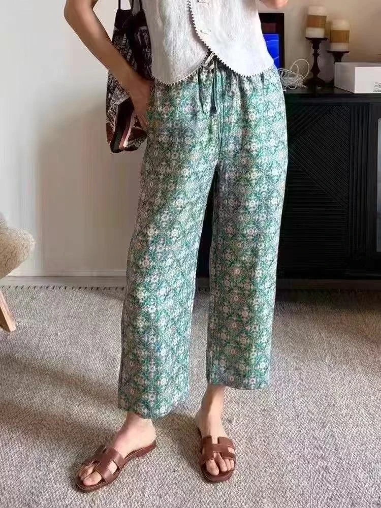 九分裤千金风夏季薄款碎花休闲裤绿色气质国潮新风