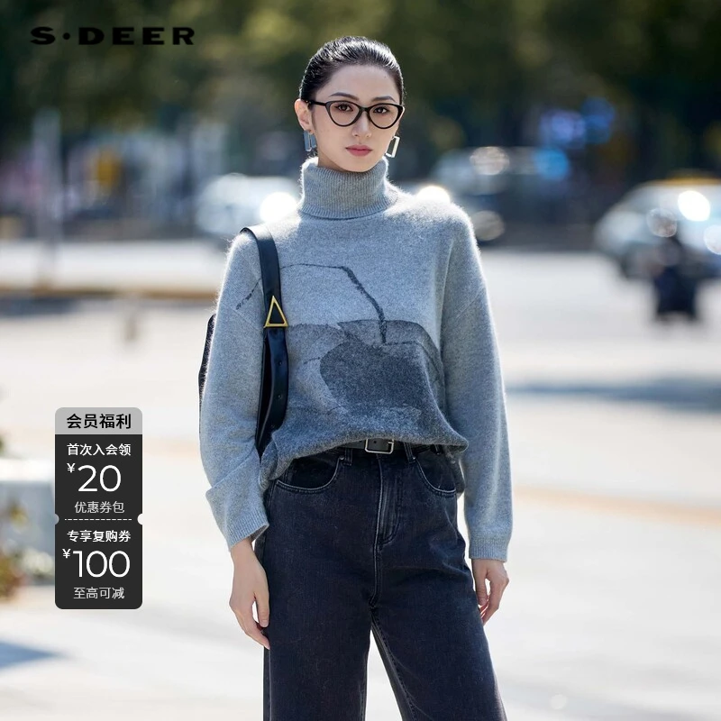 S·DEER圣迪奥冬季女装罗纹高领水墨晕染宽松针织衫绵羊毛+兔毛