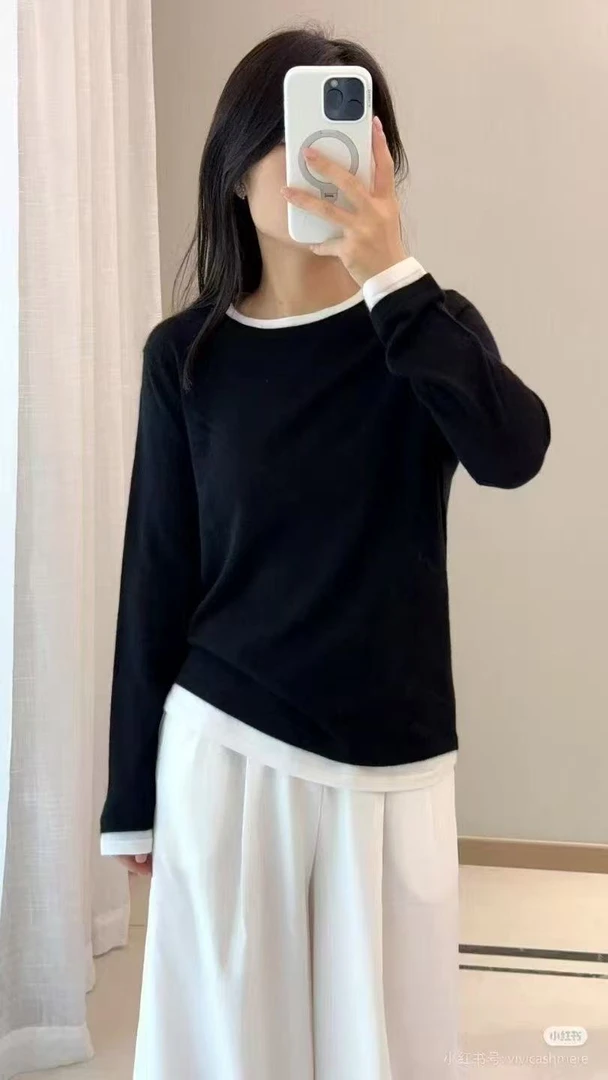 100%山羊绒68支细精纺假两件套圆领女套衫