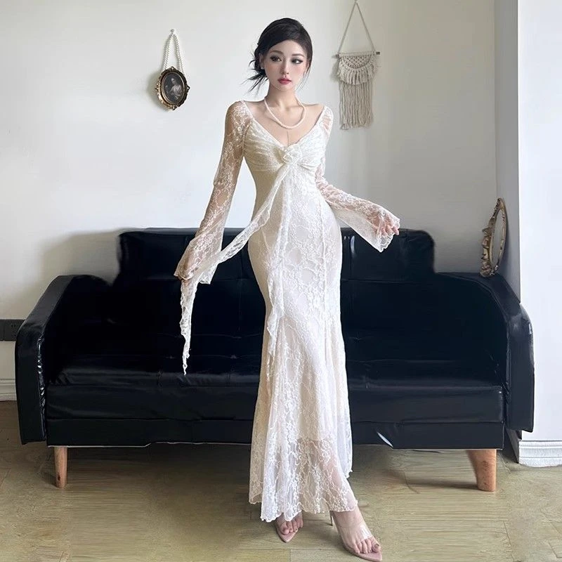 2025法式立体花朵飘带长袖礼服连衣裙女纯欲蕾丝收腰显瘦鱼尾长裙