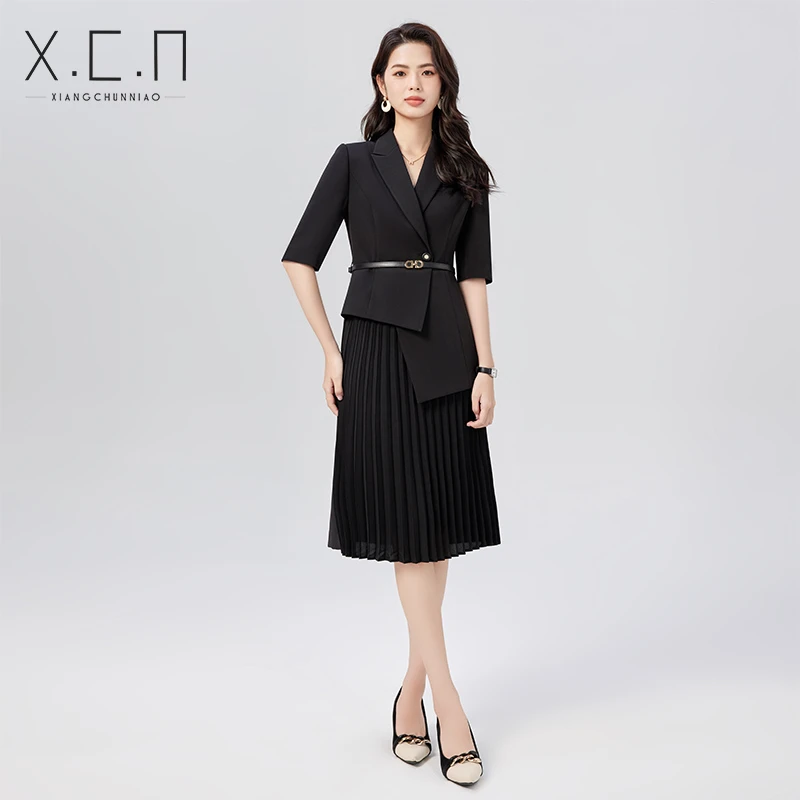 祥春鸟设计感高端职业西装连衣裙女夏季百褶拼接气质商务25L3105