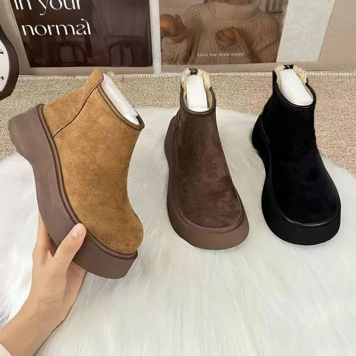 新款厚底保暖雪地靴女2025冬季时尚简约短靴子圆休闲翻毛棉靴子