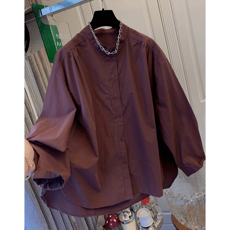 超好看复古圆领双排扣棉布长袖衬衫宽松休闲上衣女装2025春季新款