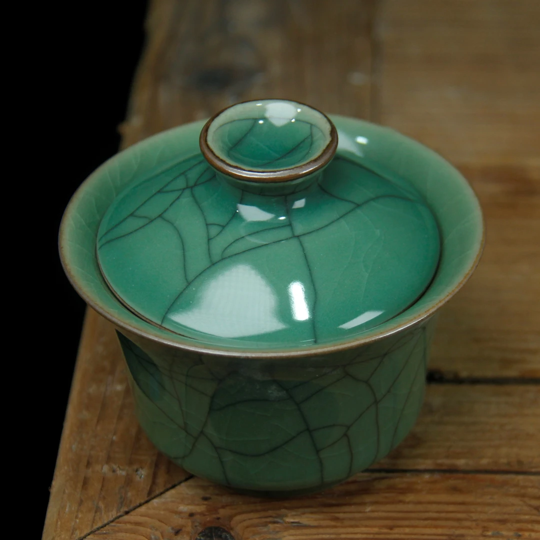 龙泉青瓷哥窑梅子青二才盖碗