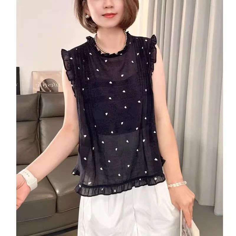 拼接木耳边无袖衬衫女2025新款夏季韩版时尚印花洋气百搭显瘦上衣