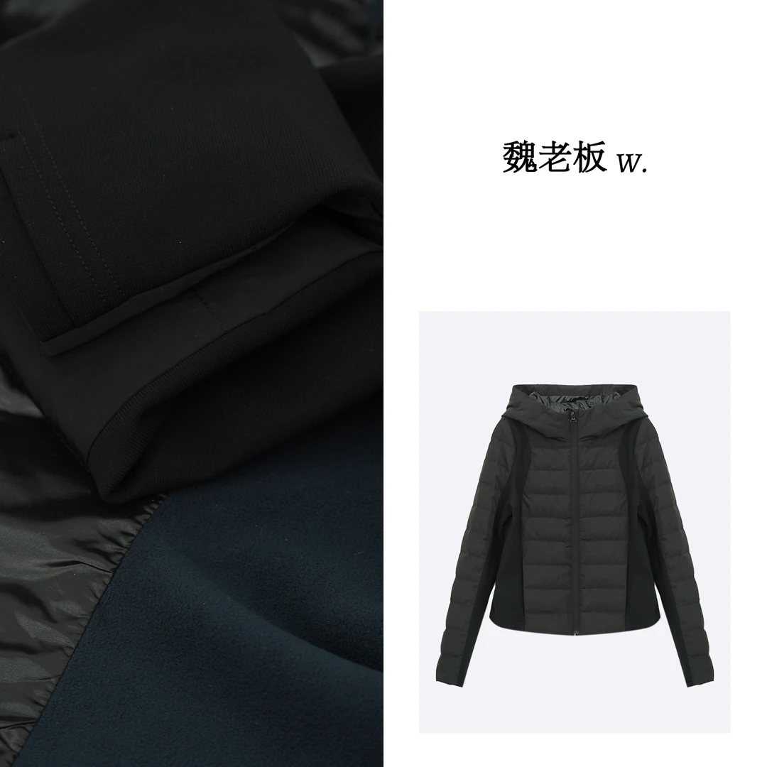 W.Diva【山顶】黑色简约90鹅绒城市运动风连帽拼接鹅绒服4C22WY043