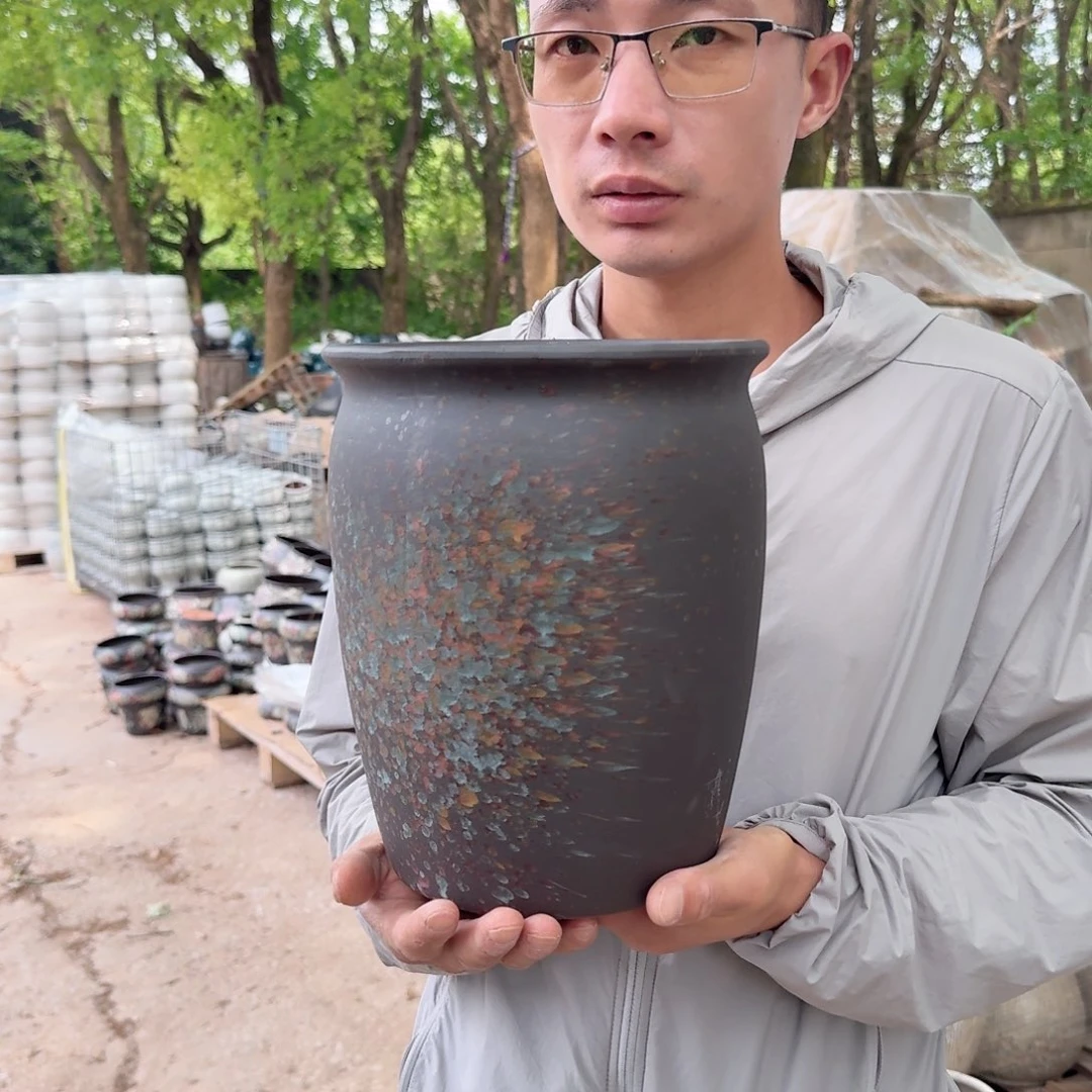 紫砂花盆口20高25（一个老庄泼墨黑色七彩祥云