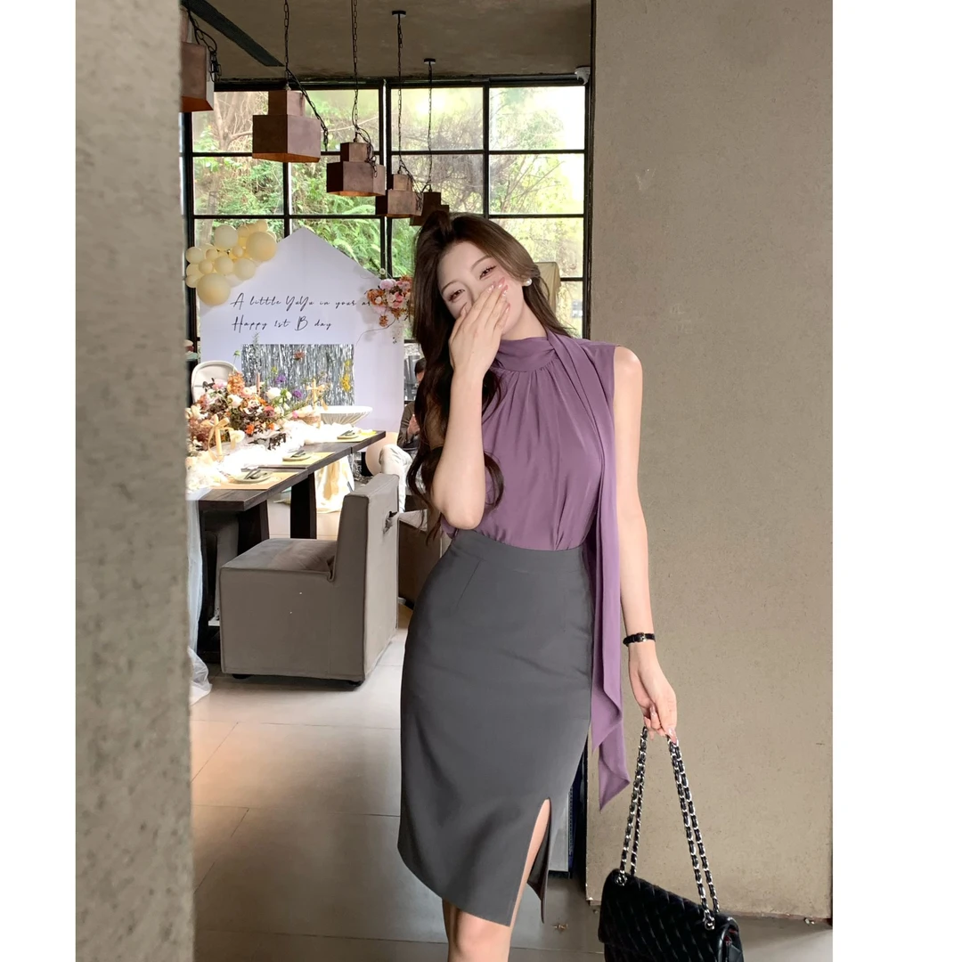 SZA【梦回罗马】夏季新款温柔无袖飘带气质修身雪纺衬衫上衣A-1628